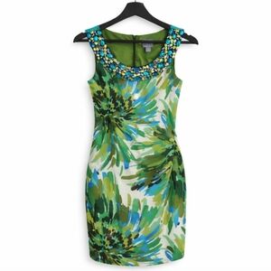 Rabbit Rabbit Rabbit Green Floral Bejeweled Sleeveless KneeLng Sheath Dress Sz 4